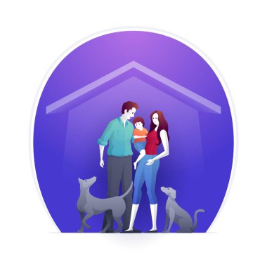 Aile, ev ve ev sigortası yaptırıyor ve çocuk ve iki köpekle birlikte evin önünde duruyor. Küçük bir çocuk annesinin kucağında duruyor. Ev güvenliği, ev sigortası..