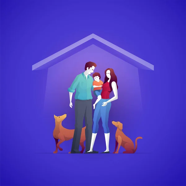 Család Házat Házbiztosítást Vásárol Ház Előtt Áll Fiúval Két Kutyával — Stock Vector