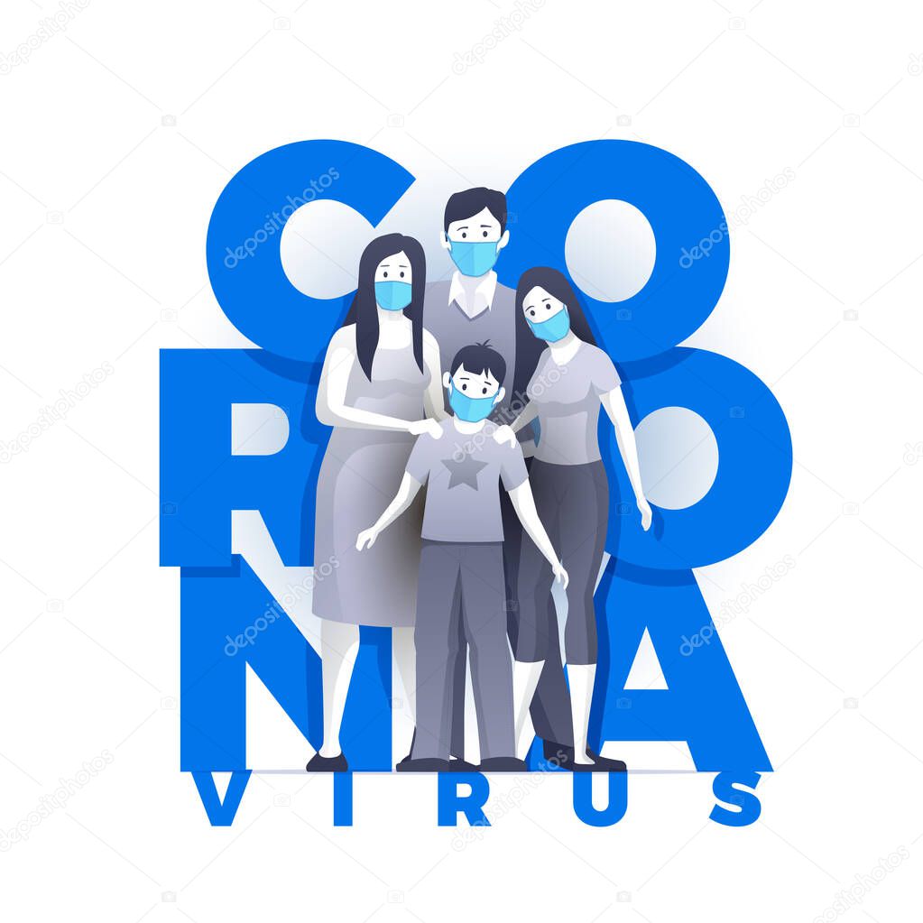 Family is protecting their children and them from virus COVID-19 and are wearing masks and stop the spread of viruses. Coronavirus quarantine. Vector illustration