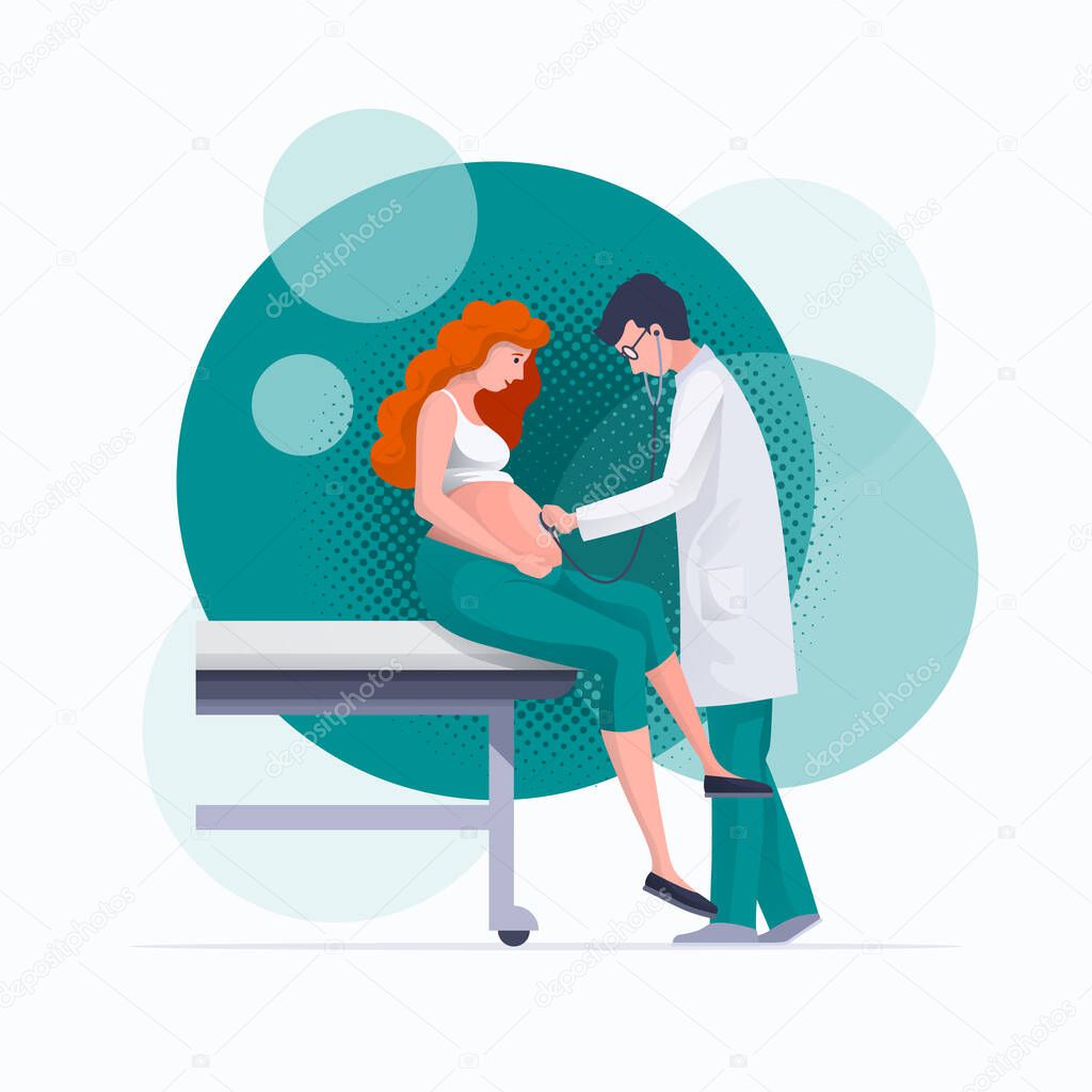 Gynecologist doctor with stethoscope is listening to pregnant woman baby heartbeat. Pregnancy, gynecology, medicine, health care concept vector illustration. Easy editable global colors. Elements are layered separately in vector files.