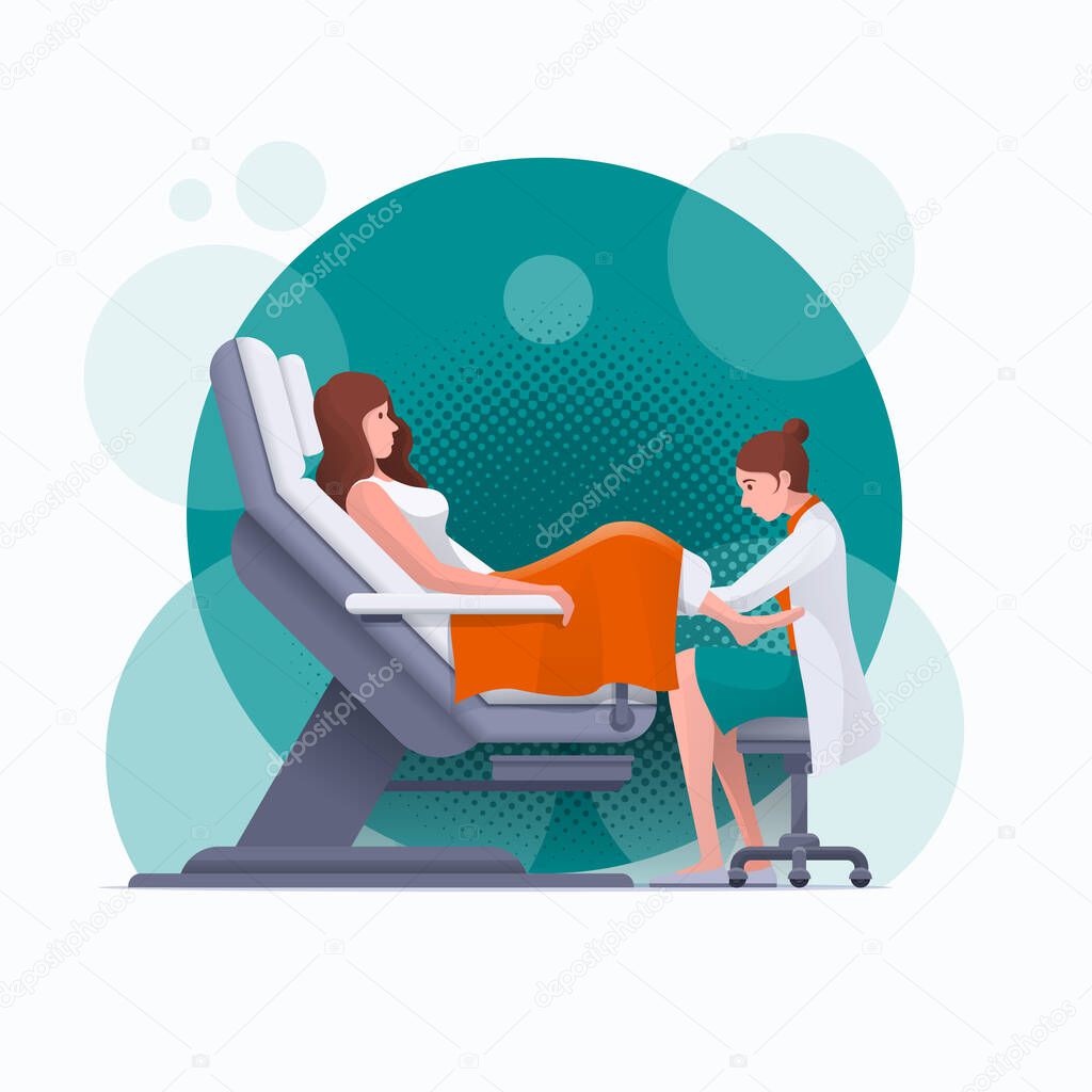 A gynecologist is examined by a patient who is sitting in a gynecological examination chair. Pregnancy, woman, gynecology, medicine, health care concept vector illustration. Easy editable global colors. Elements are layered separately in vector files