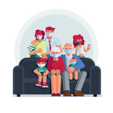Mutlu büyük aile evde tıbbi maske takıyor. Büyükanne ve büyükbaba, baba, oğul, kız, bebek birlikte. Corona virüsü salgını sosyal medya kampanyası ve koronavirüs önleme. Evde kal ve güvende kal..