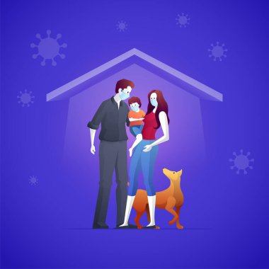Aile çocuklarını ve onları COVID-19 virüsüne karşı koruyor ve maske takıp virüslerin yayılmasını engellemek için evde kalıyorlar. Coronavirus karantinası. Vektör illüstrasyonu.