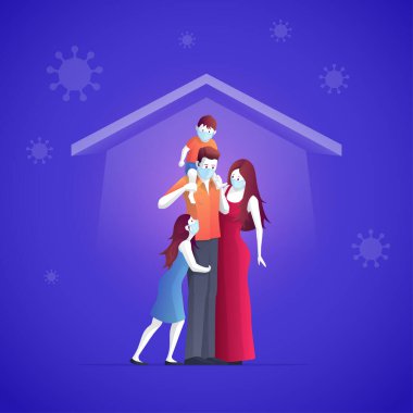 Aile çocuklarını ve onları COVID-19 virüsüne karşı koruyor ve maske takıp virüslerin yayılmasını engellemek için evde kalıyorlar. Coronavirus karantinası. Vektör illüstrasyonu.