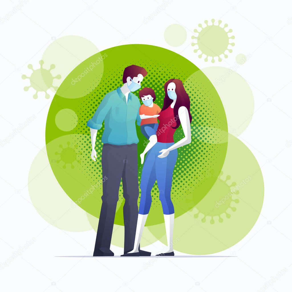Family is protecting their child and them to virus COVID-19 and are wearing masks and stop the spread of viruses. Coronavirus quarantine. Vector illustration.