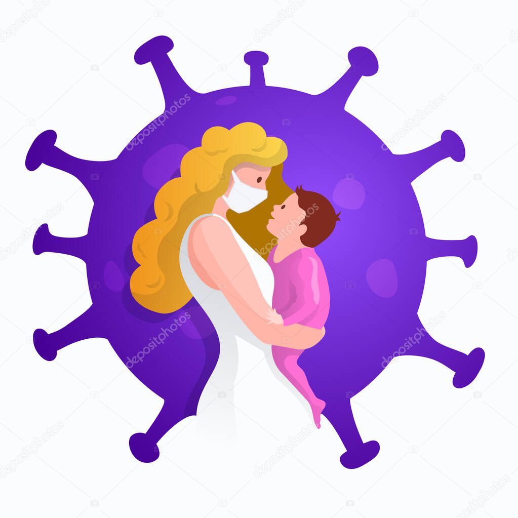 Mother and her child are protecting their children and them to virus COVID-19 and are wearing masks and stop the spread of viruses. Coronavirus quarantine. Vector illustration.