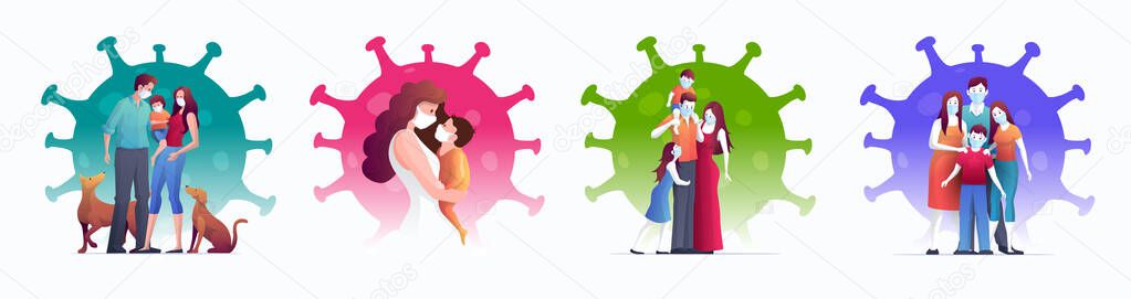 Family is protecting their children and them to virus COVID-19 and are wearing masks and stop the spread of viruses. Coronavirus quarantine. Vector illustration.