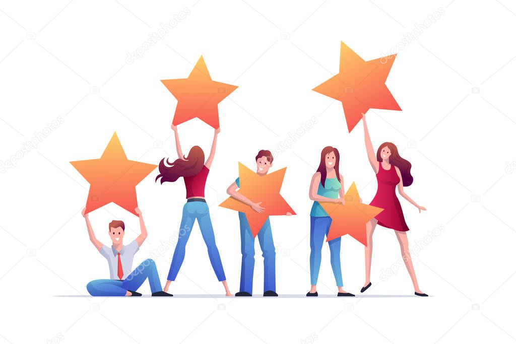 People holding rating stars. Customer reviews concept vector illustration. consumer feedback or customer review evaluation, satisfaction level and positive vote.