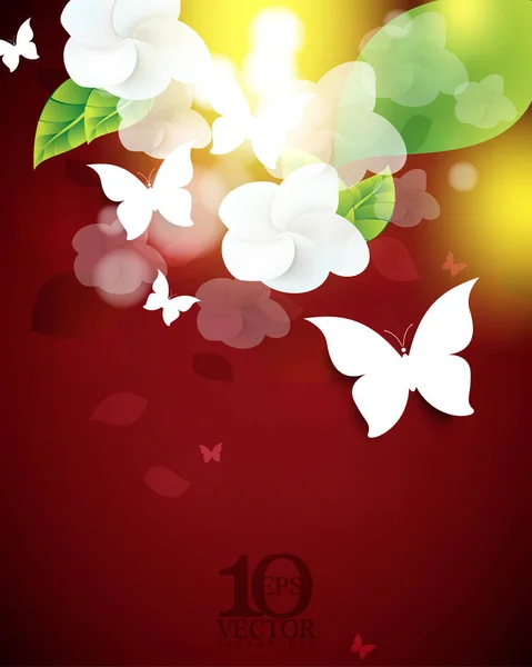 Fleurs Papillons Feuilles Éléments Sur Fond Rouge — Image vectorielle