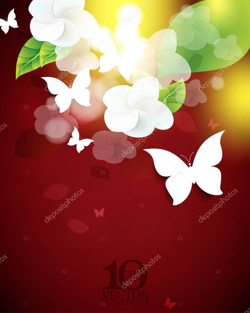flowers, butterflies, leaves elements on red background