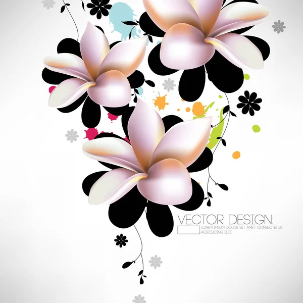 Flor Frangipani Sobre Hojas Silueta Pintura Salpicada Fondo — Vector de stock