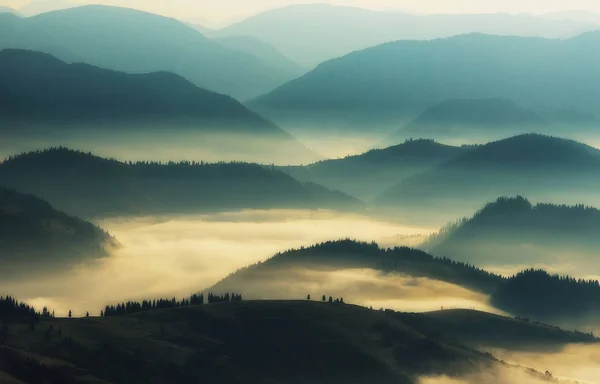 Siluetas de montañas. Una mañana nublada de otoño. Amanecer en los Cárpatos — Foto de Stock