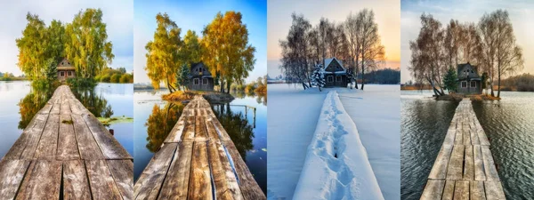 Čtyři Roční Období Malebný Malý Dům Malém Ostrově — Stock fotografie