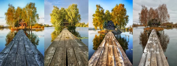 Čtyři Roční Období Malebný Malý Dům Malém Ostrově — Stock fotografie