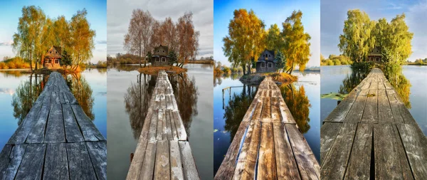house on a small island. four seasons. a picturesque hut in all seasons