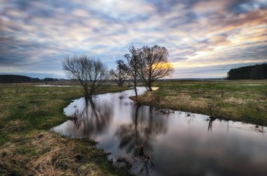 bahar sabahı. Şafak pitoresk bir Nehri yakınında