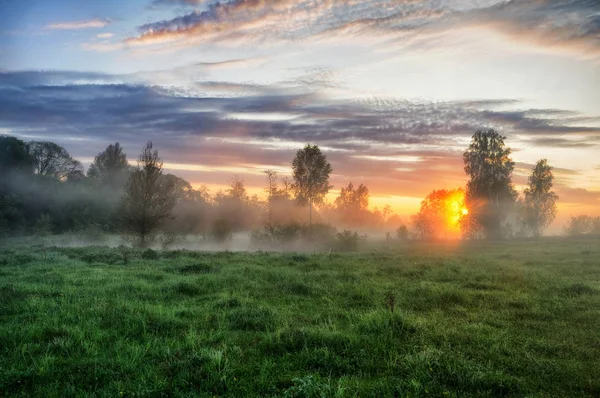 Jarní Ráno Mlhavé Svítání Malebné Louky Sluneční Paprsky — Stock fotografie