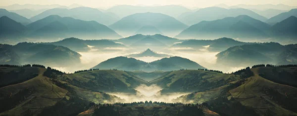Dağları'nın siluetleri. sonbahar sabahı Karpat Dağları'nda. sisli şafak