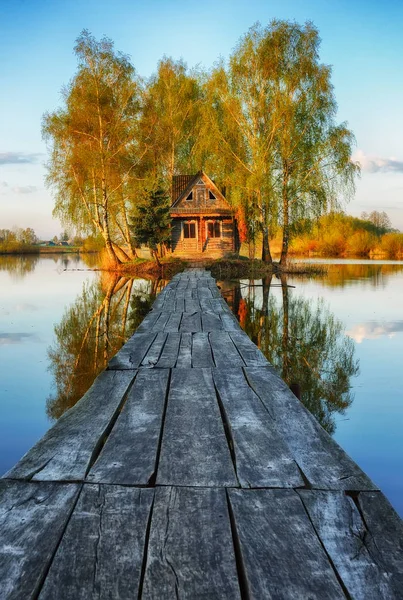 House Island Bridge River Picturesque Hut — Stock Photo, Image