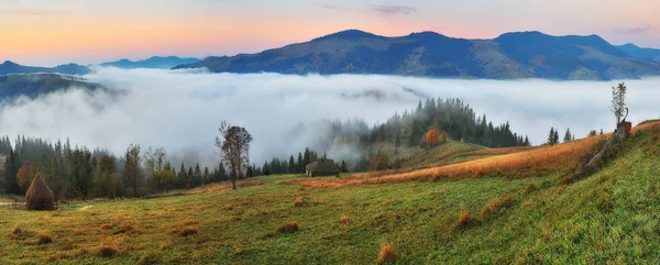 秋天的早晨 喀尔巴阡山脉风景如画的雾蒙蒙的日出 — 图库照片