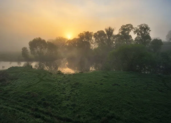 春天的早晨 雾蒙蒙的黎明 风景如画的雾蒙蒙的河流 — 图库照片