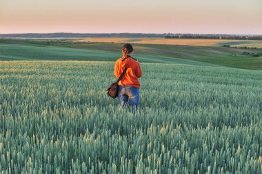 Tepe tarlası. Sahada bir turist dolaşıyor. Kadın doğanın güzelliğine hayran.