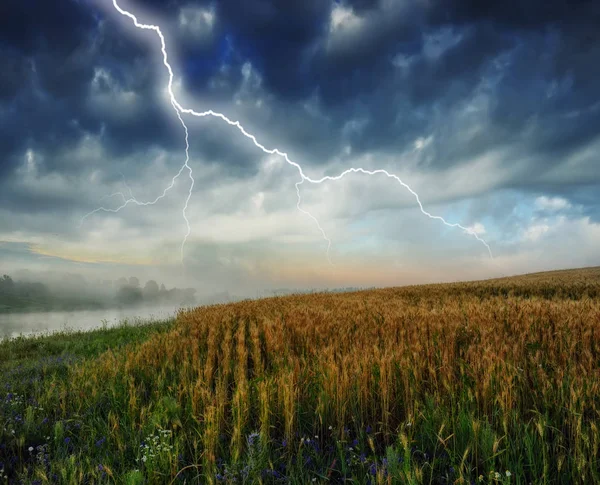 Tormenta Campo Enorme Rayo Sobre Campo Montañoso Mal Tiempo Campo Imágenes De Stock Sin Royalties Gratis