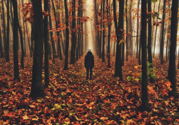 Woman Forest Man Walks Foggy Forest Morning Fog Golden Autumn — Stock Photo, Image