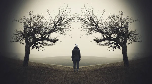 Woman Forest Man Walks Foggy Forest Morning Fog Golden Autumn — Stock Photo, Image