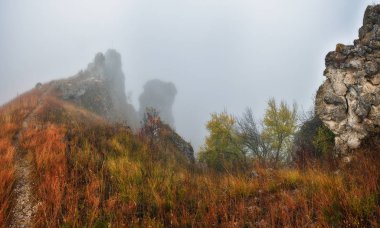 Kanyonun üzerinde sis var. Dnister Nehri. Resimli bir yerde sonbahar sabahı