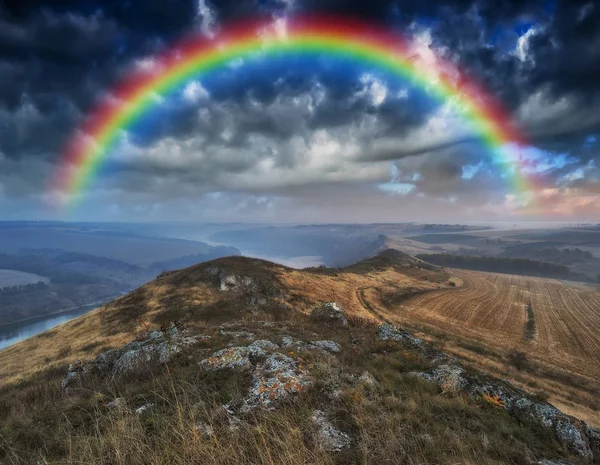 Regnbåge Över Floden Dnister River Canyon Höst Morgon — Stockfoto