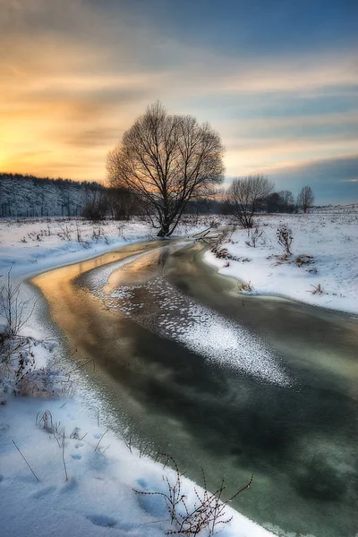 Rivière Hiver Aube Froide Dans Vallée Une Rivière Pittoresque — Photo