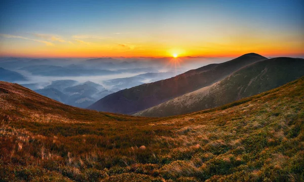 Туман Горах Живописный Восход Солнца Карпатах — стоковое фото
