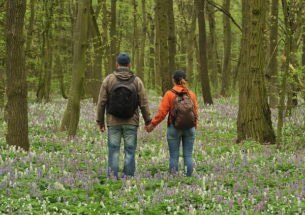 couple in the forest. man and woman in a flowering spring forest