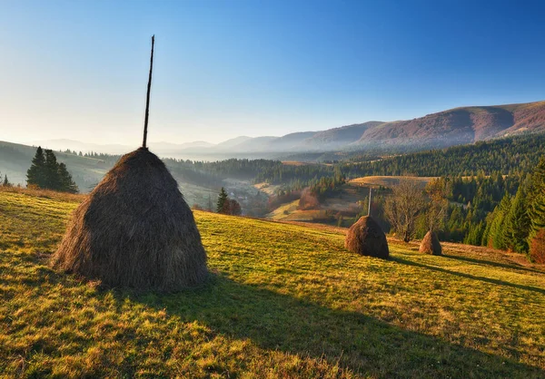 Hromádky Sena Pozadí Podzimních Hor Úsvit Karpat Horách — Stock fotografie