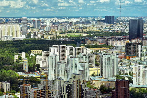 The view from the heights of the city Hero Moscow, the capital of Russia. The eastern part of the city.