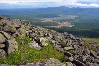 Kuzey yamacında Ural Dağları. Rocky yamaçları, yosunlar ve güneşin altında nadir bulunan bitkiler..