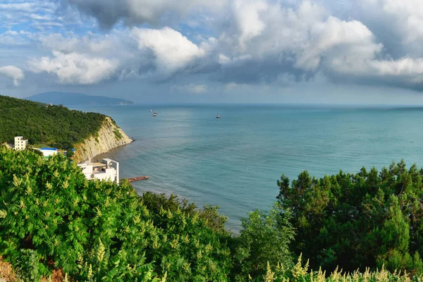 Karadeniz. Krasnodar Bölgesi 'nin sıcak ve güneşli sahillerinden panorama. Doğa ve turkuaz sular.