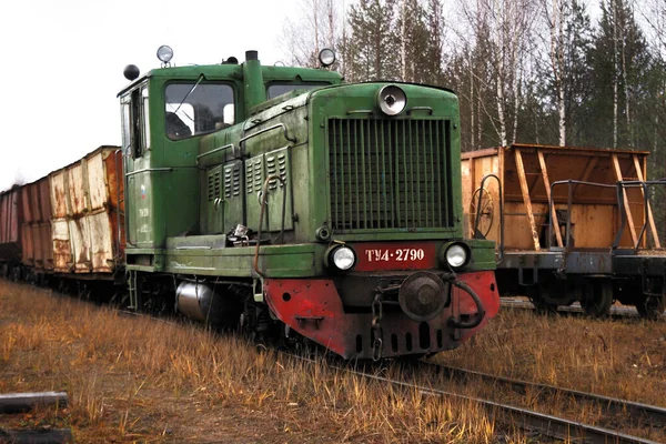 Smalspoorlocomotief TU-4 op de turfspoorweg in het bos — Stockfoto