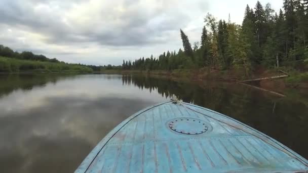 Orman nehrindeki bir teknede hareket halindeki bir panorama. — Stok video