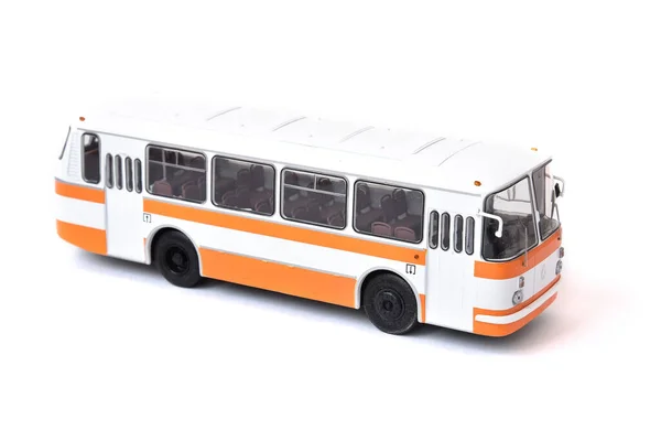 Beyaz sarı bir Rus otobüsünün ölçekli modeli. Oyuncak sarı otobüs