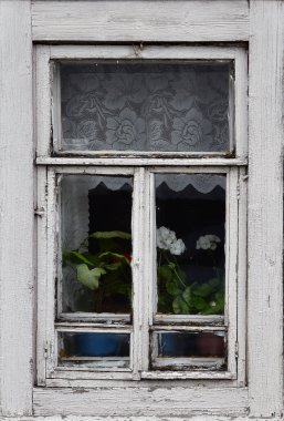 Eski ahşap pencere. Soyulmuş boyalı klasik çerçeve dokusu.