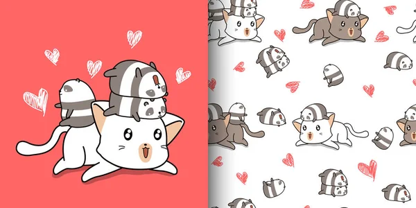 Padrão Sem Costura Kawaii Grande Gato Pandas Pequenos —  Vetores de Stock