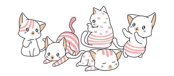 Hand Drawn Lovely White Pink Cat Characters — Stock Vector