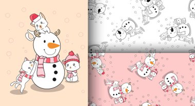 Kışın kardan adamla kusursuz kawaii kedileri.