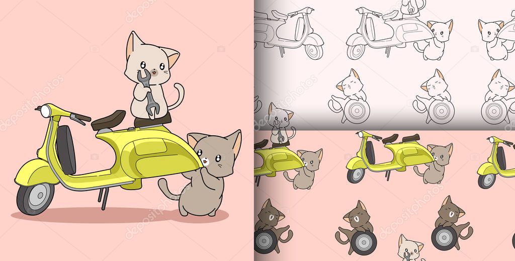 Seamless pattern kawaii engineer cats and motorcycle