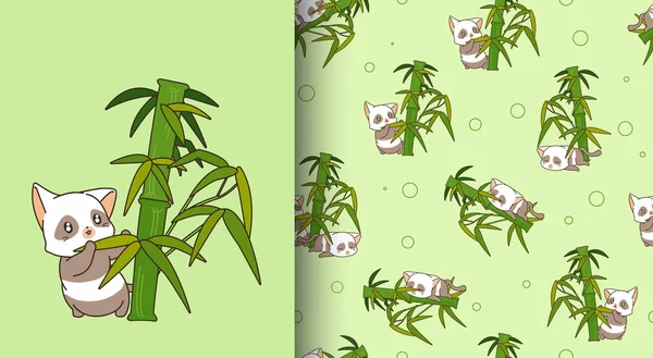 Padrão Sem Costura Kawaii Panda Personagem Gato Com Bambu —  Vetores de Stock