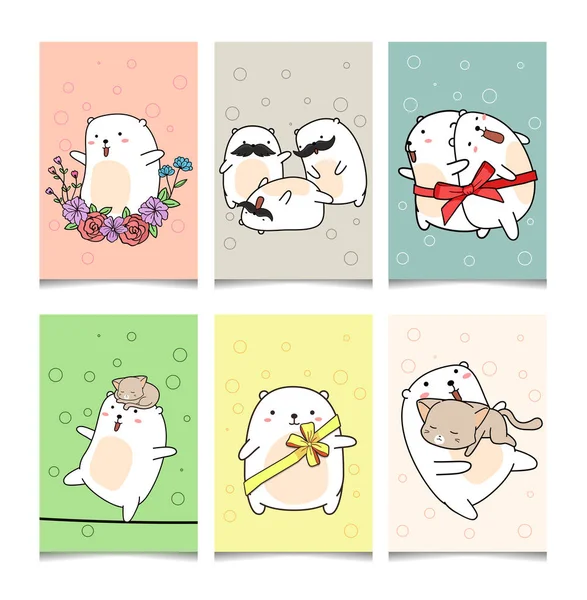 El çizilmiş 6 tebrik kartı kawaii beyaz ayı karakteri