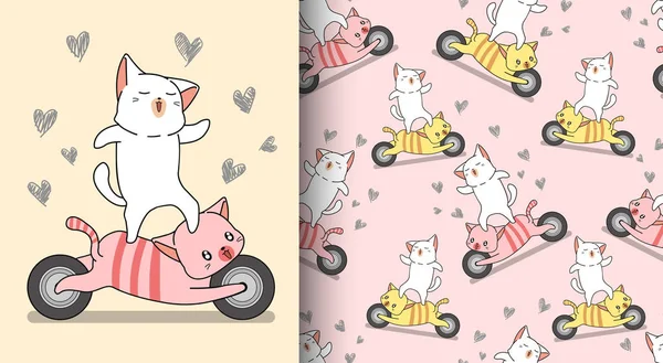 Bezešvé Vzor Kawaii Kočka Koni Motocyklu Kočka — Stockový vektor