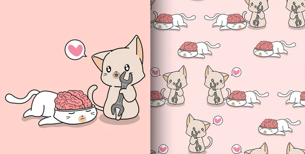 Patrón Sin Costuras Dibujado Mano Kawaii Gato Está Mirando Cerebro — Archivo Imágenes Vectoriales